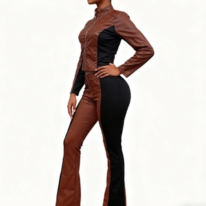 ชุดเซ็ต 2 ชิ้น แฟชั่นลำลองสำหรับผู้หญิง แขนยาว คอตั้ง กางเกงขายาว หนัง PU แต่งลายต่อสี  ยืดได้ - Product Image 2