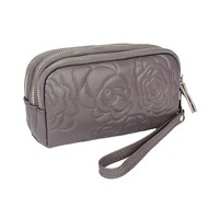 Portefeuille-bracelet en cuir véritable gaufré pour femme, pochette zippée, porte-monnaie, porte-cartes multiples