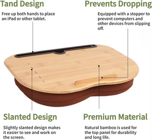 Bamboo <strong>Top</strong> PU Surface Portable Laptop Tray Table <strong>Lap</strong> Pad <strong>Stand</strong> with Pillow Cushion Tablet Slot Anti-Dust Mite Air-permeable - Product Image 6