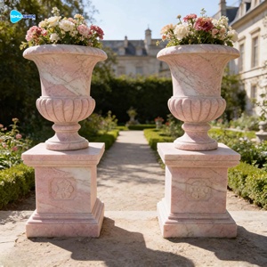Jardinières décoratives en marbre blanc faites à la main pour villas européennes, avec base, pas chères - Product Image 2