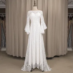 Женское кружевное свадебное платье с длинными рукавами-колокольчиками, 100%