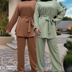 2272# Simplicity Women Comfortable Sets Solid Color Smooth Nida Top and Pant Popular Muslim Islamic Suit - Product Image 1