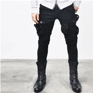 Calça jeans skinny para homens, calça jeans skinny com revestimento de cera para motociclista tipo cargo