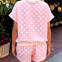 Ensemble de vêtements de détente pour femmes en rose et blanc à pois, 2 pièces, haut à col rond côtelé contrastant à manches courtes, short, tenue décontractée, broderie personnalisée