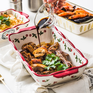 <span class=keywords><strong>Plat</strong></span> de cuisson ovale en céramique à fond profond avec poignées, compatible micro-ondes et four, vaisselle vintage florale bohème pour restaurant, vente en gros - Product Image 3