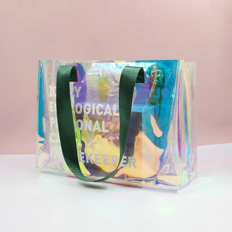 Sacola de praia personalizada 2024 Bolsa de compras em PVC transparente holográfica luxuosa à prova d'água com logotipo para mulheres Bolsas de cosméticos