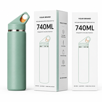 Bouteille d'eau isotherme 740 ml avec poignée orange, anti-fuite, double paroi sous vide en acier inoxydable, sans BPA, conforme FDA 12-24