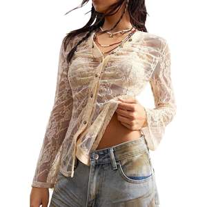 Chemisier en dentelle personnalisé 2026 pour femme, col en V transparent, manches longues, style sexy pour soirée - Product Image 3