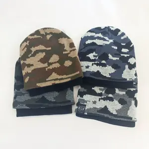 Custom outdoor camouflage Jacquard Striped Logo warm sports acrilico private label cappelli invernali lavorato a maglia camo Beanie senza gemelli