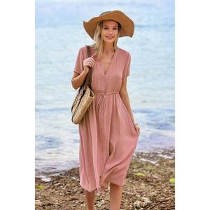 Vestido de Noche Elegante y Delgado con Cuello en V, Manga Corta, Lazo Frontal y Cintura Ajustada, Ideal para la Playa - Product Image 4