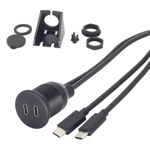 1m黑色双USB C公对母汽车仪表板安装插座嵌入式USB C加长电缆，用于汽车卡车船船用