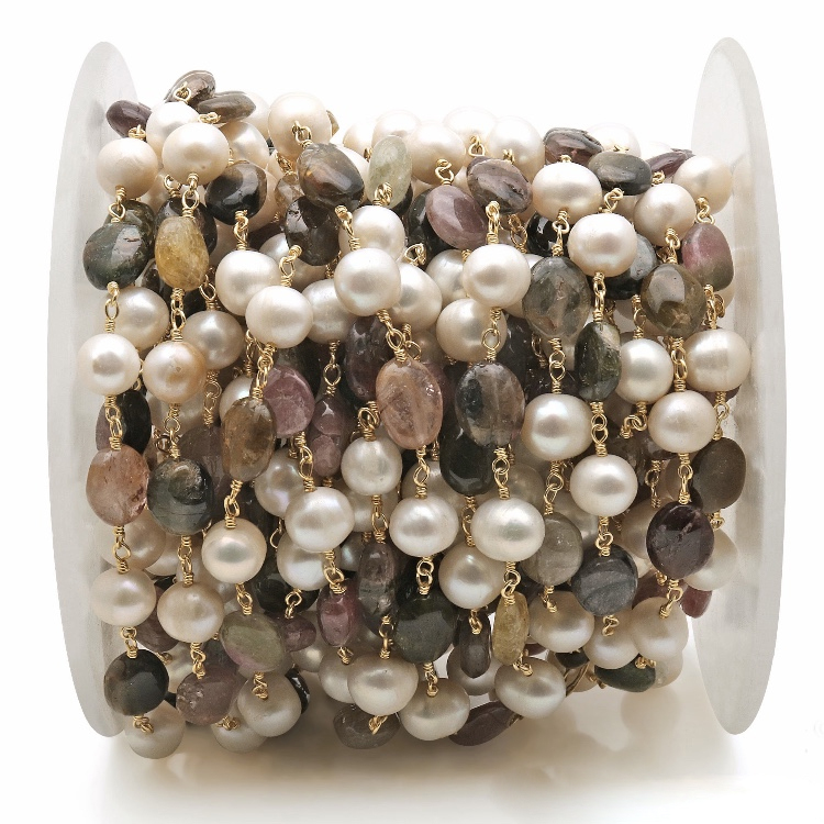 LS-D1507 Мульти турмалин и жемчуг четки оптом по низкой цене цепи свободной форме Турмалин Позолоченные четки оптом по низкой цене с цепочкой для бижутерии, материал для рукоделия