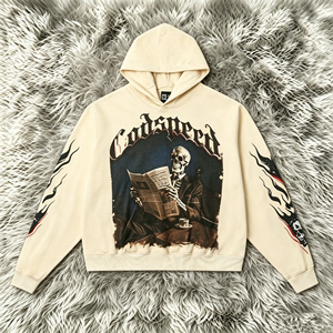 Felpa con Cappuccio Vintage Effetto Lavato - Stampa Scheletro e Giornale Gotico Godspeed, Felpa Corta Streetwear per Uomo e Donna - Product Image 1