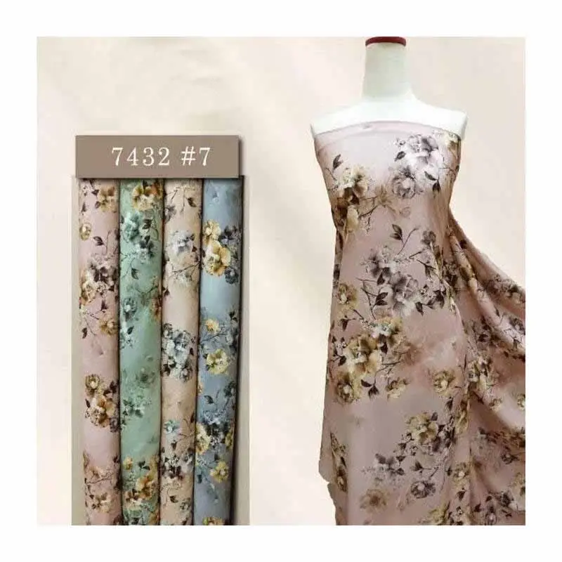 Armany Brown Silk Satin Printed Fabric Custom Floral Design Spandex Stretch SatinChiffon Fabric for Women Dress