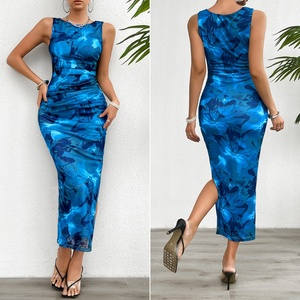 Abito Estivo <span class=keywords><strong>Elegante</strong></span> da <span class=keywords><strong>Donna</strong></span> a Tubino Senza Maniche con Scollo a O e Spacco, <span class=keywords><strong>Vestito</strong></span> Lungo da Sera Aderente con Stampa per Club e Feste - Product Image 3