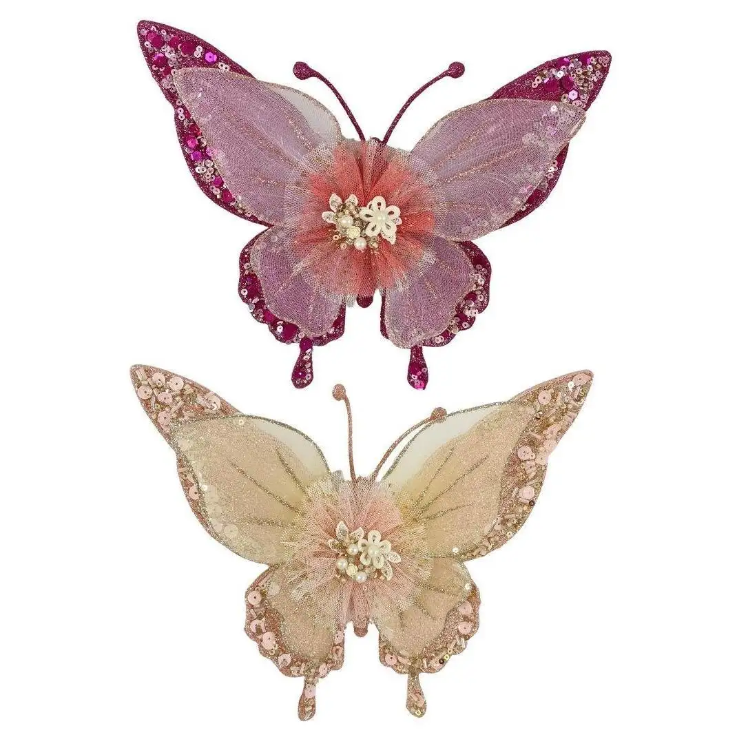 2022 New Design 9Inch Pink Plastic Double-Layer Design Flower Butterfly Pearl Sequins Decorated Christmas Tree With Clip