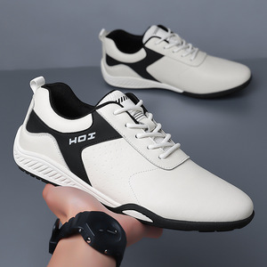 Chaussures de marche Hoi en cuir véritable, bout rond, lacets, doublure en maille respirante, semelle extérieure en caoutchouc, baskets décontractées blanches pour hommes - Product Image 3