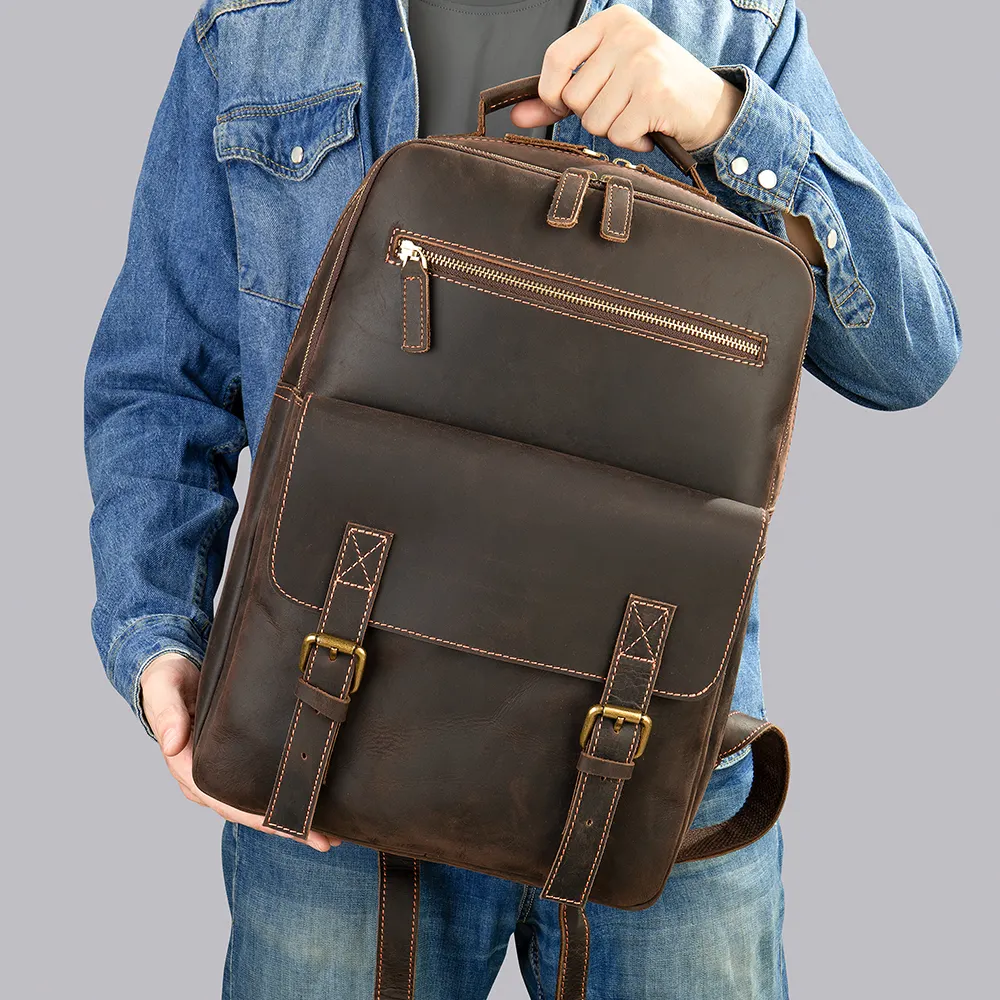 Marrant mochila de viagem vintage masculina, de couro genuíno, para acampamento, com 15 polegadas