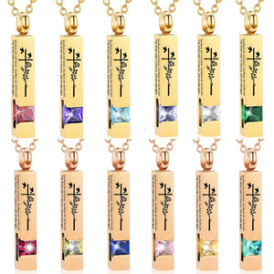 Kalung zirkon liontin geometris batu kelahiran 12 warna kalung guci baja tahan karat suvenir abu hewan peliharaan botol parfum dapat terbuka - Product Image 1