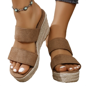 Sandales <span class=keywords><strong>compensées</strong></span> à bout rond pour femmes en cuir PU avec semelle en caoutchouc, style espadrille, vente en gros d'usine - Product Image 5