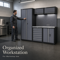 Banc de travail robuste à double unité, armoire de rangement modulaire pour atelier avec tiroirs, portes verrouillables et panneau perforé