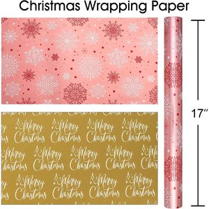 Maypluss <b>Pink</b> Christmas Wrapping Paper Roll 17in X 33ft Reversible Snowflake Design Gift Craft Packaging - Product Image 4