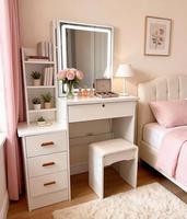 Table de maquillage moderne en MDF éclairée avec miroir et tabouret rembourré – Ensemble coiffeuse