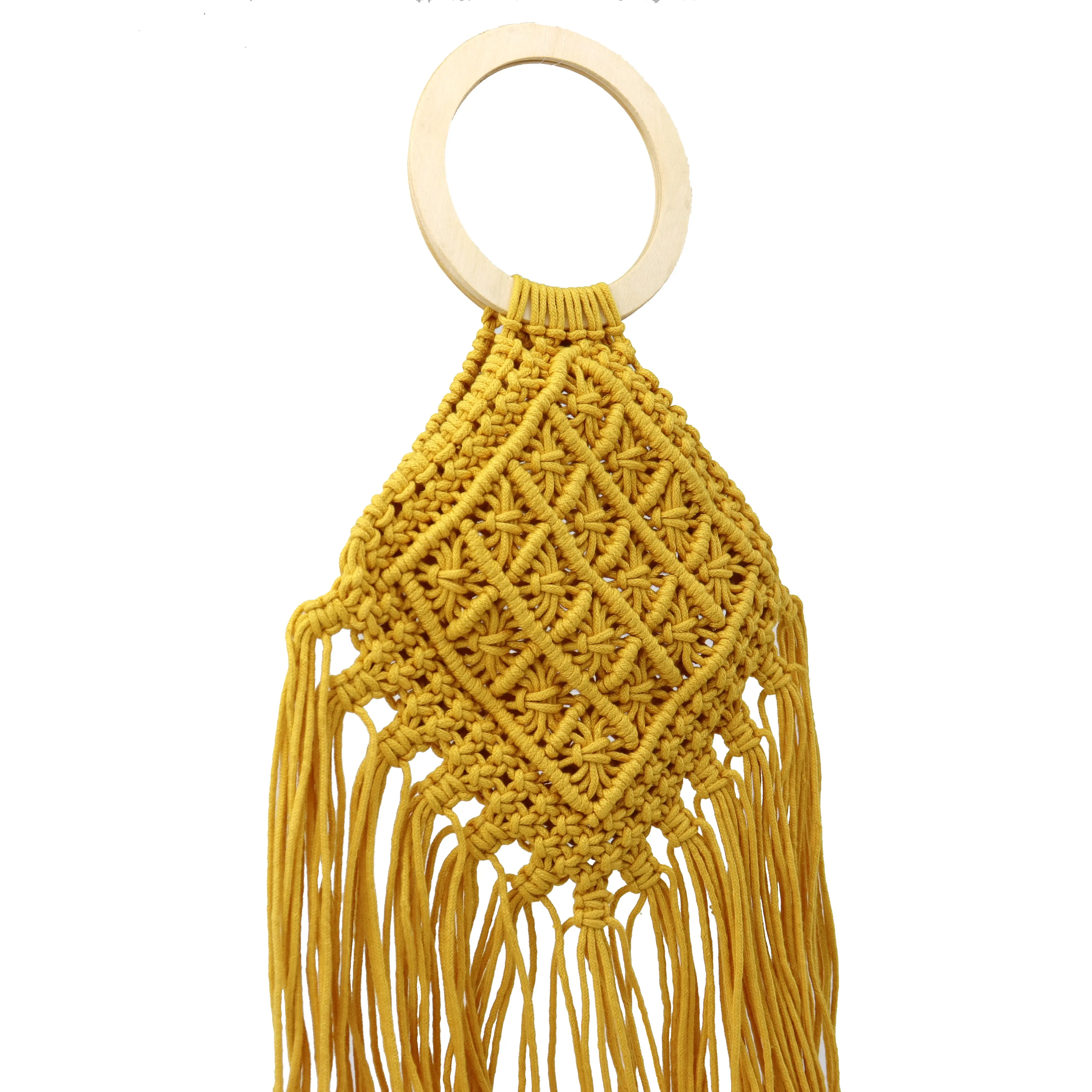 Wholesale Chinese style yellow crochet hand made hand bag with wooden handles