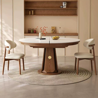 Ensemble de table à manger en pierre frittée de style mid-century, extensible de l'ovale au rond, avec base en bois massif, pour appartement et maison