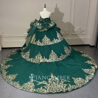Robe Jancember XS325 vert émeraude sans bretelles, corsage à sequins, jupe brodée or style baroque, pour galas et demoiselles d'honneur