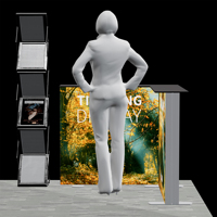 Stand lumineux triple paroi 8x4m, système d'affichage modulaire, stand d'exposition personnalisé avec comptoir central et porte-brochures