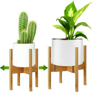 Özel etiket bambu ayarlanabilir çiçek Pot tutucu kapalı bambu Modern bitki standı