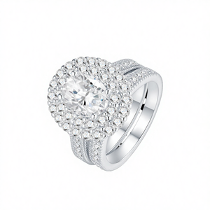 Bague de fiançailles en argent 925 avec halo de moissanite pour femme, ensemble de bijoux de mariage de luxe à double alliance, coupe ovale étincelante GRA - Product Image 4