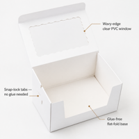 Boîte à pâtisserie pliable avec couvercle ondulé en PVC à fermeture à pression, sans colle, en papier kraft blanc, logo personnalisé OEM, emballage pour gâteaux et desserts