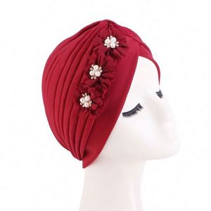 Hiyab Musulmán con Perlas 3D, Accesorios de Flores, Gorro Liso con Volantes Hechos a Mano, Turbante con Flores para Mujer, para Viajes, Fiestas, Pesca - Product Image 5