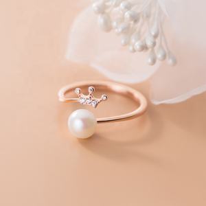 Anillo Ajustable <span class=keywords><strong>de</strong></span> <span class=keywords><strong>Plata</strong></span> <span class=keywords><strong>de</strong></span> Ley 925 Chapado en Oro Rosa con Corona <span class=keywords><strong>de</strong></span> Diamantes <span class=keywords><strong>de</strong></span> Circonita y Perla para Niñas, Joyería Coreana - Product Image 2