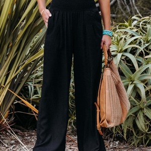 Pantalon décontracté taille haute à jambes larges pour femme, grande taille, couleur unie, élastique, respirant, avec poches, style plat devant, idéal pour l'été - Product Image 1