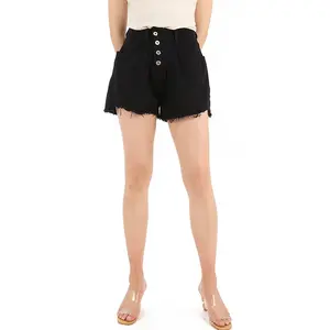 Ladies Jeans Shorts OEM ODM Breathable Cotton Button Fly A Shape Fringes Raw Hem Customized Casual