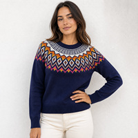 Pull col rond jacquard Fair Isle bleu marine pour femme, motif géométrique, tricoté avec bordure côtelée, OEM/ODM