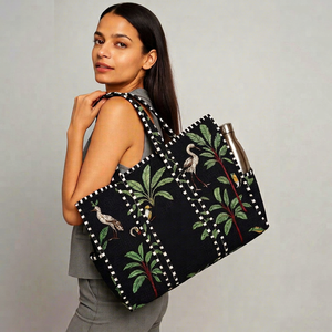 Sac fourre-tout en toile de coton noir brodé, motif floral céleste doré, style bohème, pliable, en rotin, grande capacité, sac de voyage - Product Image 1