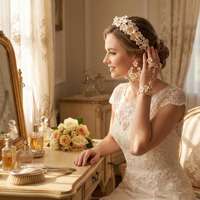 AE-4751 AFLODY Pendientes y Accesorios para el Cabello de Novia, con Flores en Forma de Mano, Chapados en Oro Satinado Color Marfil, Joyería Personalizada