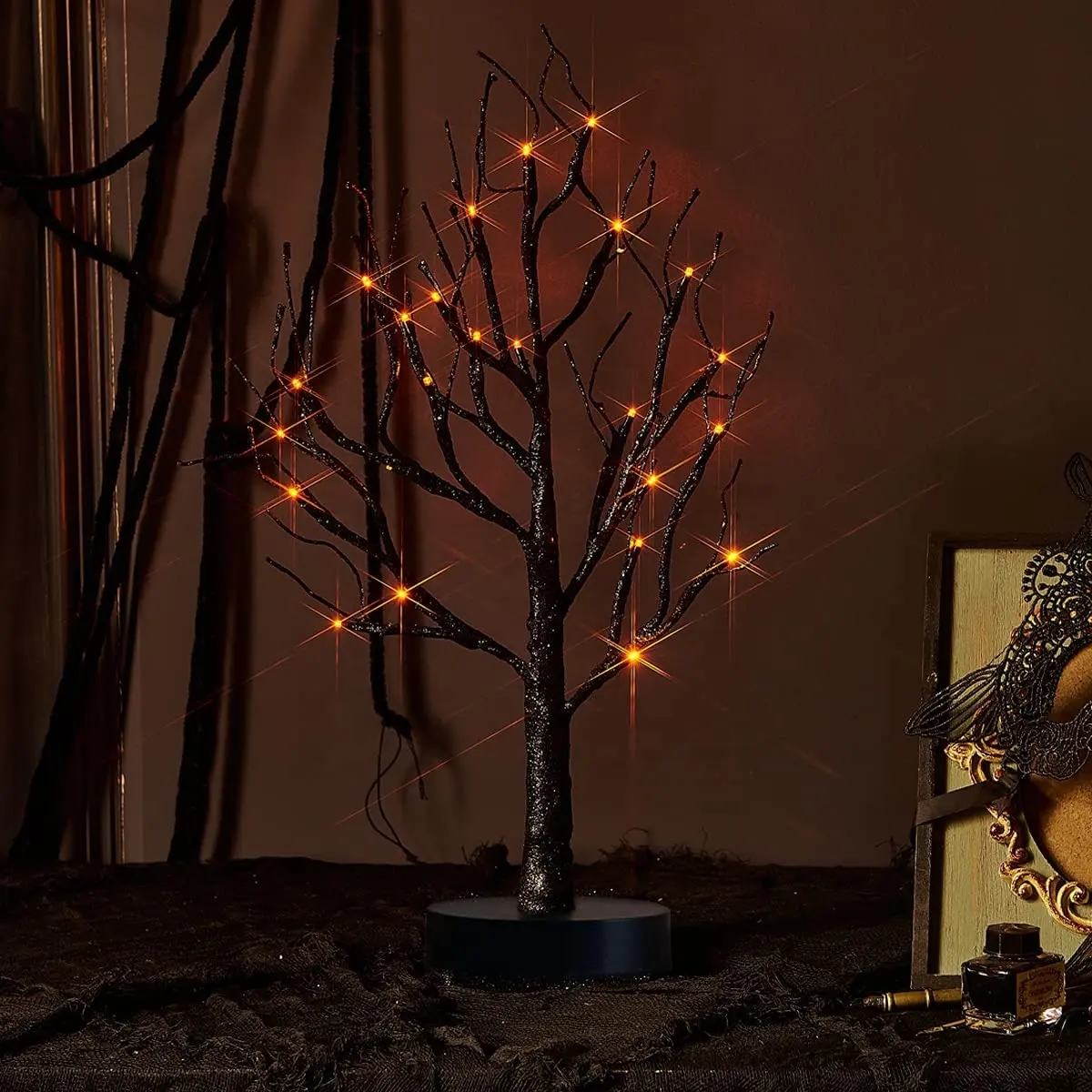 شجرة ديكور للهالوين, شجرة هالوين الديكور 24LED ضوء البرتقال 18 "الارتفاع شبح شجرة سوداء مع الموقت لتقوم بها بنفسك led عطلة ضوء