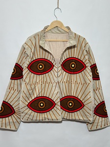 Chaqueta de poliéster tejida para mujer, con cuello mandarín, manga larga, diseño geométrico bordado a mano, estilo blusón, para otoño. - Product Image 5