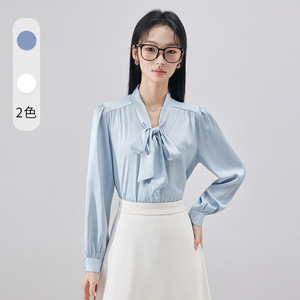 White Bow Tie Blouse Women Solid Color Long Sleeve Poplin Shirt Work Office Wear Formal Interview Style 2025 Spring Autumn - Product Image 4