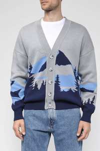 Design personnalisé Cardigan à col en V en jacquard des montagnes enneigées Pull décontracté ample pour hommes, Pull élégant en mélange de laine brillante pour hommes - Product Image 2