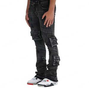 DENIM Best Custom Cargo Pocket <b>Black</b> Stacked <b>Men</b> Bootcut <b>Jeans</b> Stack Leg <b>Jeans</b> Stacked Streetwear <b>Jeans</b> <b>Men</b> - Product Image 1