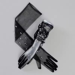 Nouveaux gants longs <span class=keywords><strong>en</strong></span> dentelle noire sexy pour femmes, avec perles, <span class=keywords><strong>en</strong></span> <span class=keywords><strong>tulle</strong></span> blanc, à doigts complets, jusqu'au coude, style vintage, pour mariage, mariée, robe, mitaines - Product Image 1