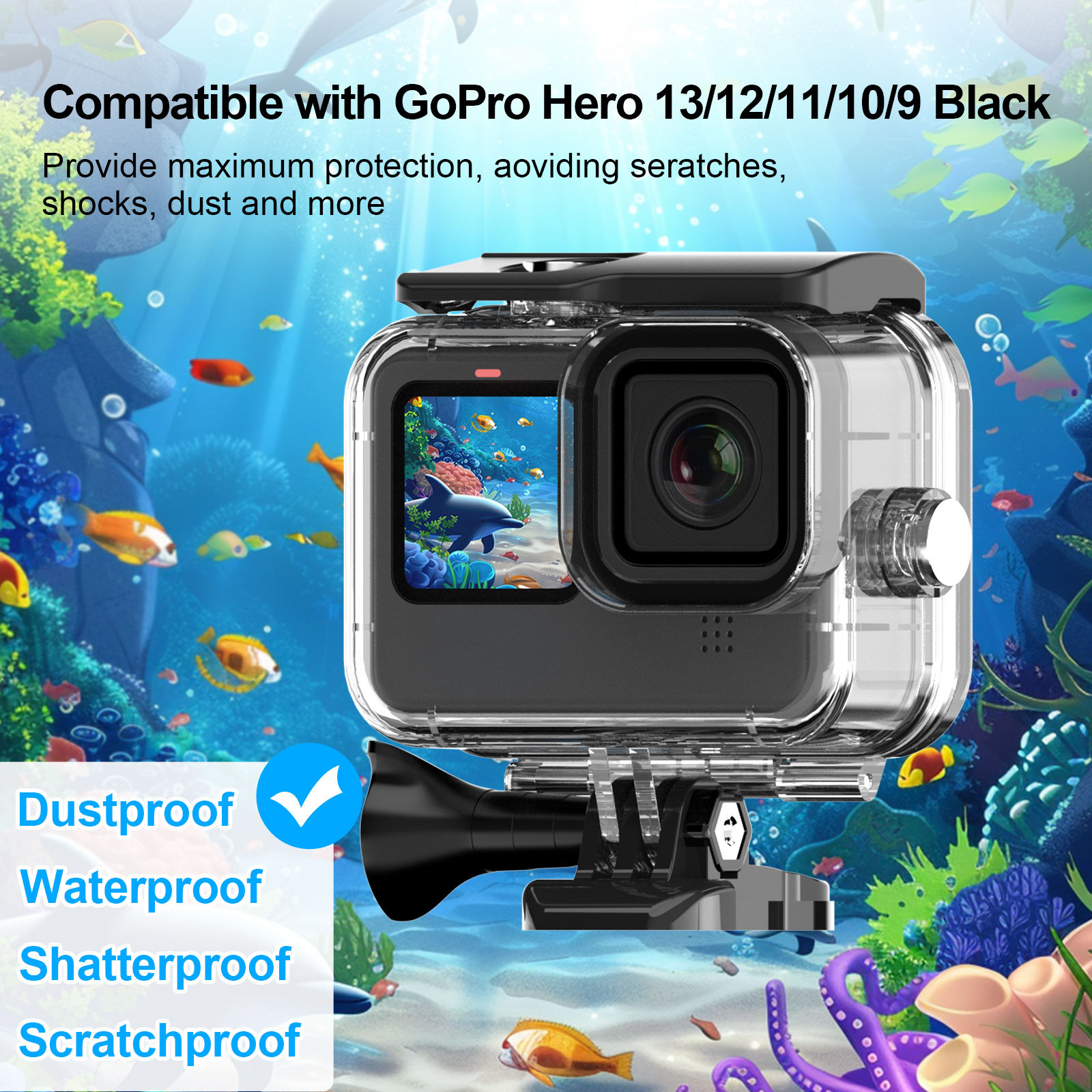 Hongdak 60M Waterproof Housing Case for Gopro Hero 13 12 11 10 9 Diving Protective Underwater Cover Lens Filter