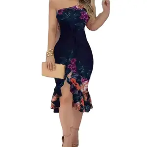 2024 venta al por mayor elegante Vintage lujo poliéster elegante Sexy Floral impreso alta calidad Maxi vestido de noche