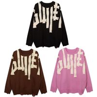 Pull unisexe rétro de style streetwear, tricoté, manches longues, automne, style coréen, avec patch lettre et logo frontal, anti-boulochage, 100% acrylique